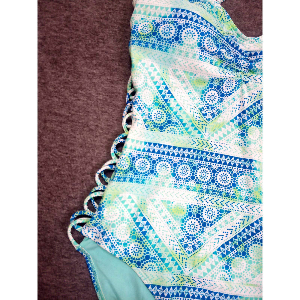NWT Arizona Size S Blue Aqua Bohemian Tie Dye Strappy One Piece Swimsuit - Picture 4 of 7